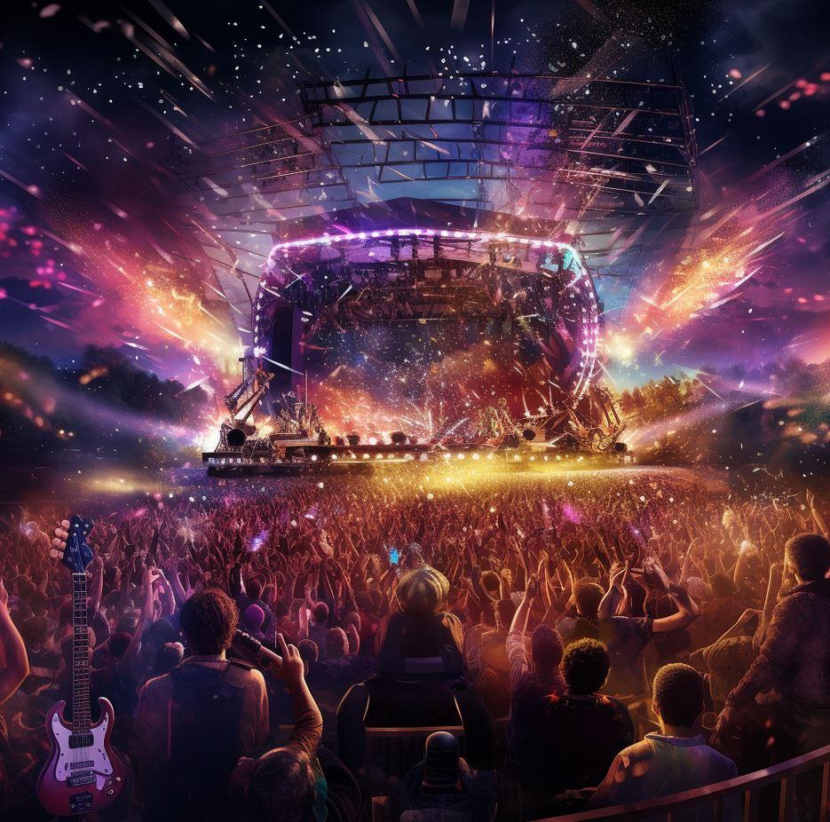 Bunte Rockkonzert-Szene mit großer Bühne, Lichtershow und jubelnder Menge – Symbolbild für „Research Rocks“ und den Jahresrückblick von Team Q in der Marktforschung.