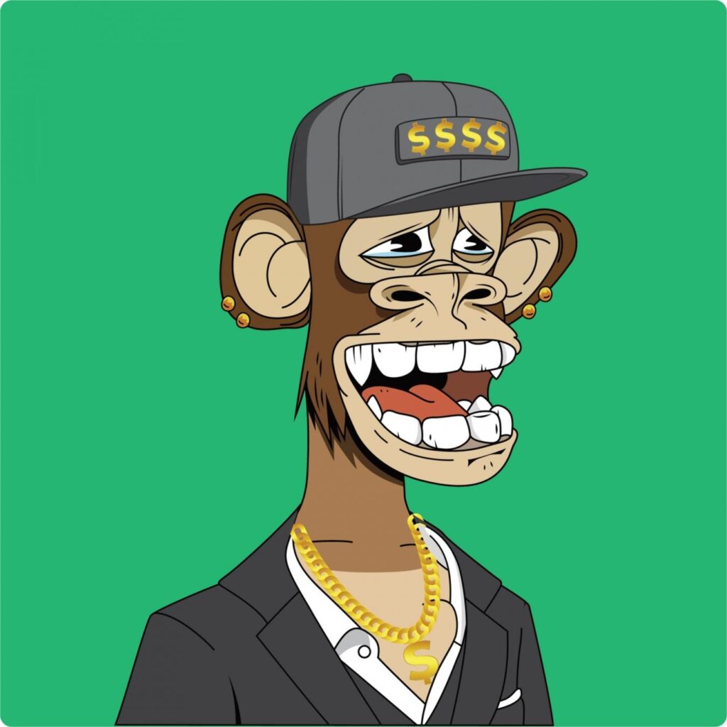 Cartoon-Affe im Streetwear-Look mit Kappe und Goldkette (Bored-Ape-Stil) – Symbolbild für NFT-Hype, Bored Ape Yacht Club und digitale Sammler-Token.