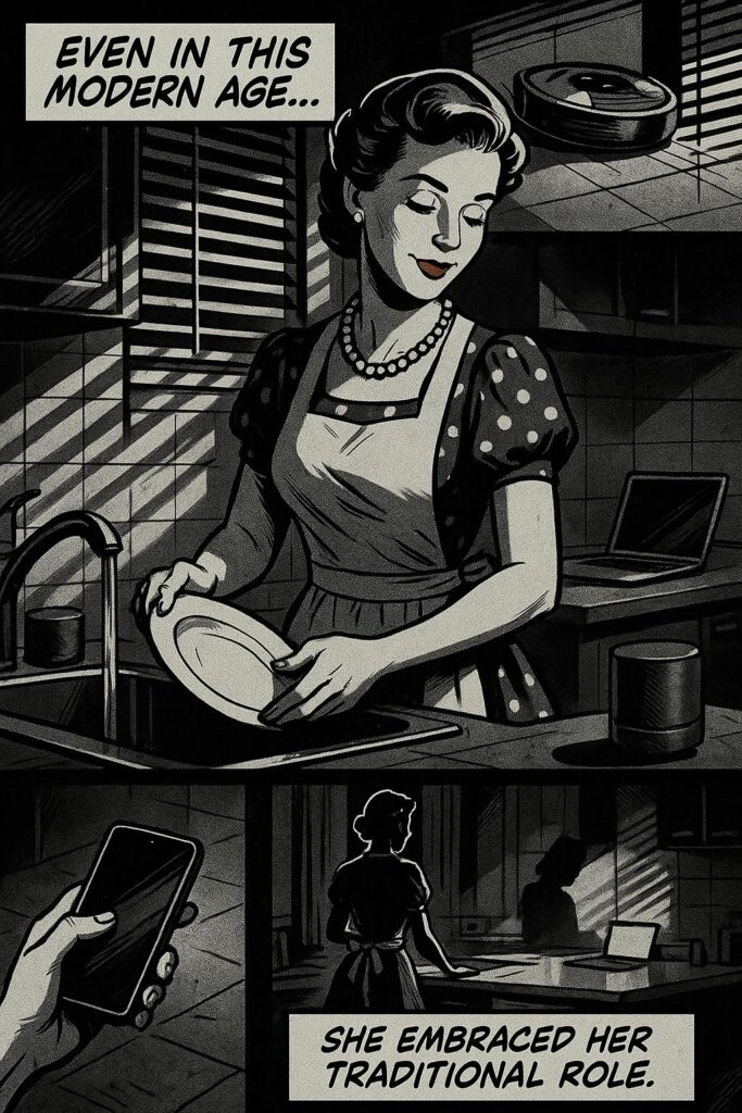 Schwarzweiß-Comic im Retro-Stil: Frau im 50er-Jahre-Look spült Geschirr in einer modernen Küche, Smartphone und Laptop im Hintergrund – Symbolbild für Tradwife und traditionelle Rollenbilder auf Social Media.