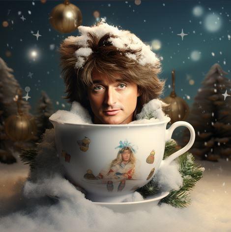 KI-generiertes Weihnachtsmotiv: Mann schaut aus einer großen Tasse, umgeben von Schnee und Christbaumkugeln – Symbolbild für Whamageddon und „Last Christmas“-Hype.