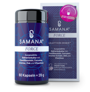 Produktbild Samana® FORCE: Dose und Verpackung eines Nahrungsergänzungsmittels mit Curcuma, Grüntee-Extrakt, Zink und Vitaminen – Case Study zu Zielgruppenforschung und Produktentwicklung mit Evonik.