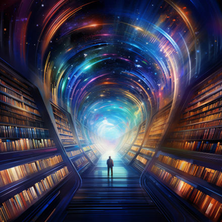 Futuristische Illustration: Person steht in einem leuchtenden „Text-Tunnel“ zwischen Bücherregalen – Symbolbild für effiziente Textverarbeitung, NLP und OpenAI-Workflows mit dem Python-Paket texttunnel.