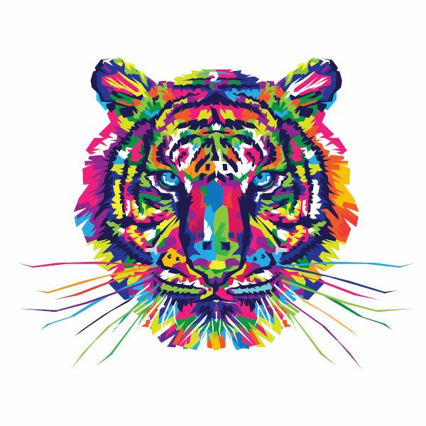 Buntes Pop-Art-Porträt eines Tigers auf weißem Hintergrund – Symbolbild für chinesisches Neujahr, Energie zum Jahresstart und Q News im Februar.